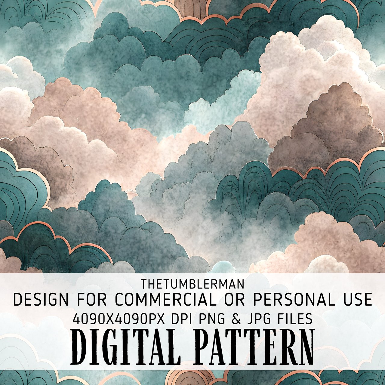 Digital Clouds Pattern, Teal Pink Cloudscape, Geometric Waves, Art Deco, Background, Texture, Digital Paper Bundle, Scrapbook Paper Digital