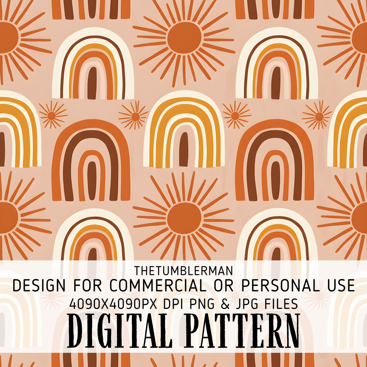 Digital Pattern, Rainbow Sun Pattern, Boho Digital Paper, Digital Bundle Pattern, Commercial Use, Seamless Pattern, Neutral Colors, Earthy