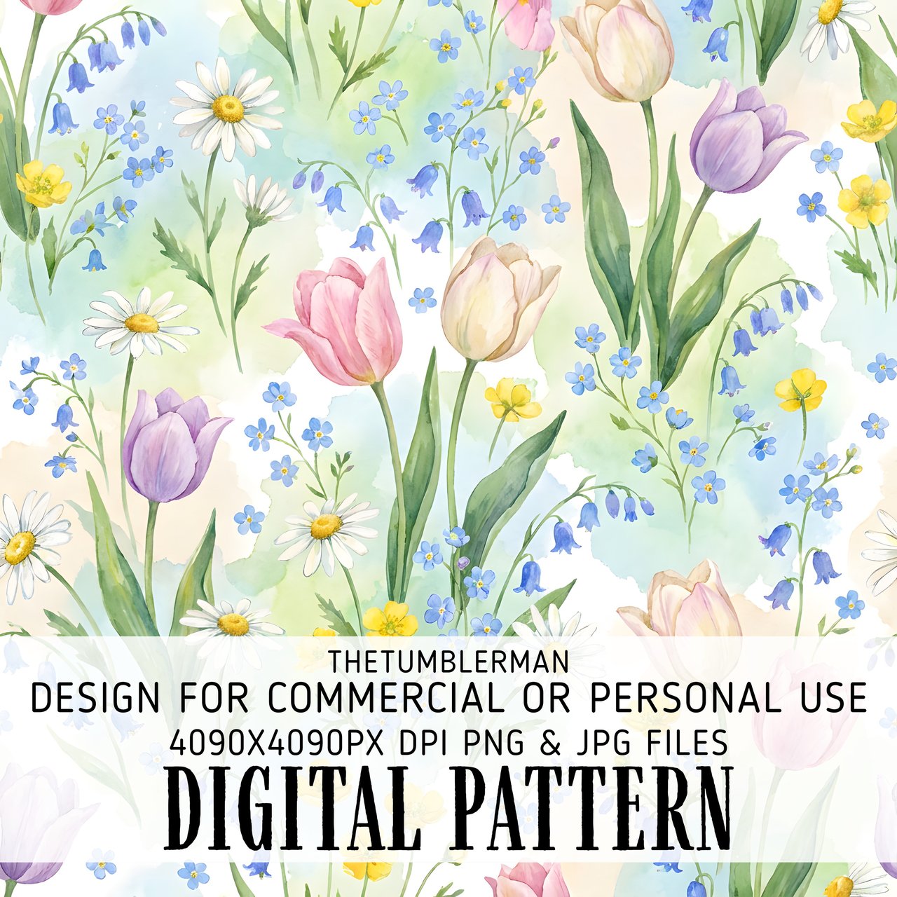 Digital Floral Pattern Bundle, Watercolor Flower Design, Spring Flowers, Daisy, Tulip, Forget Me Not, Digital Paper, Seamless Pattern