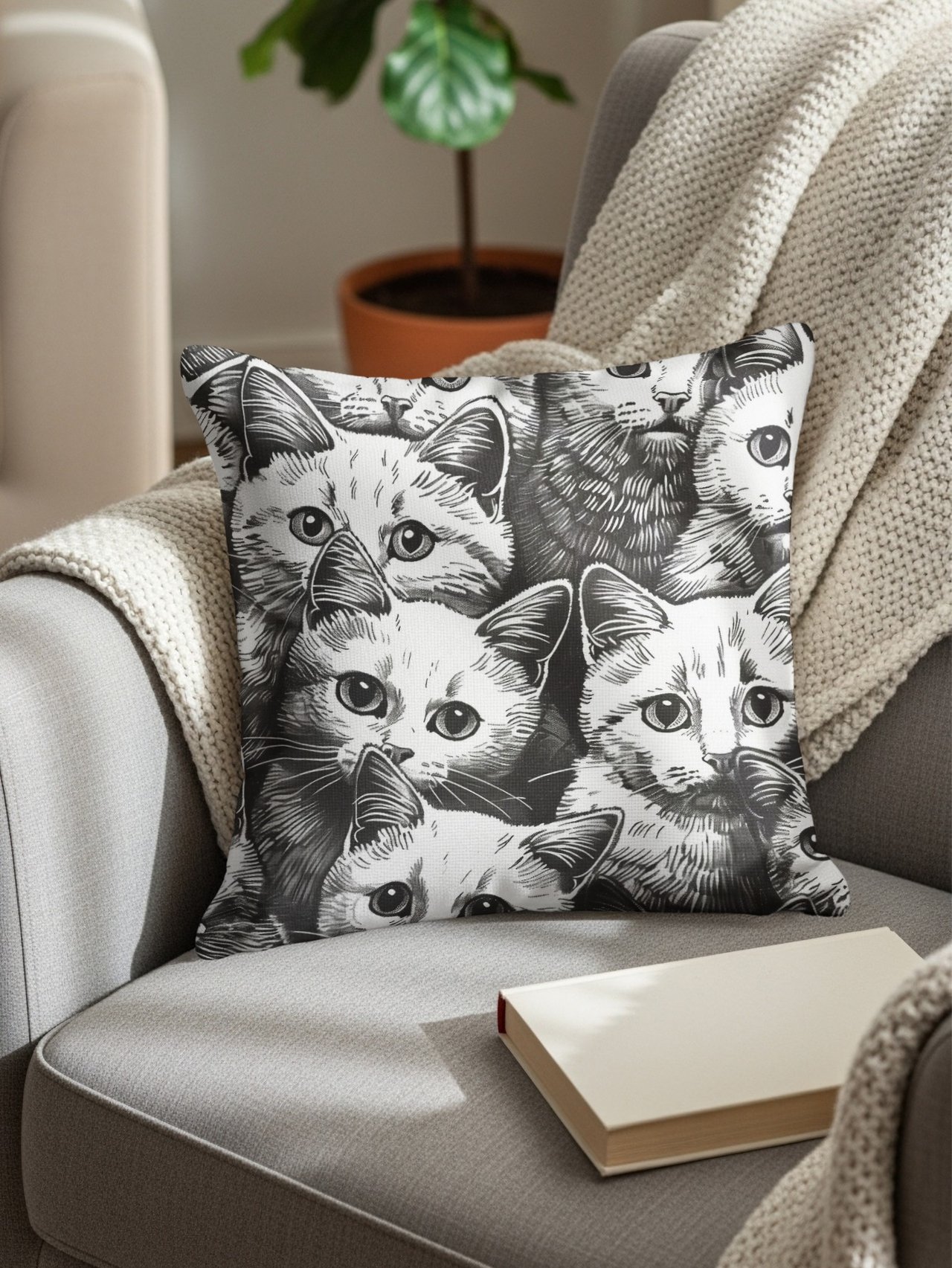 Cat Faces Tote Bags, Cute Kitten Throw Pillow, Funny Cat Pattern iPhone Case, Animal Lover Gift, Cat Mom Present, Black and White Art