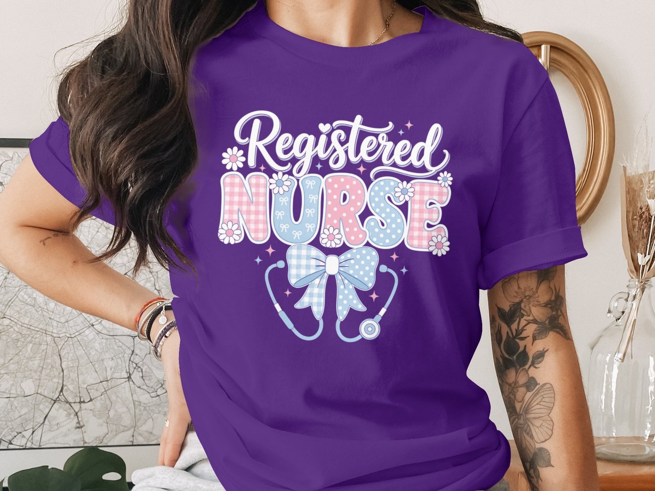 Registered Nurse Gingham Polka Dot T-Shirt with Stethoscope Bow
