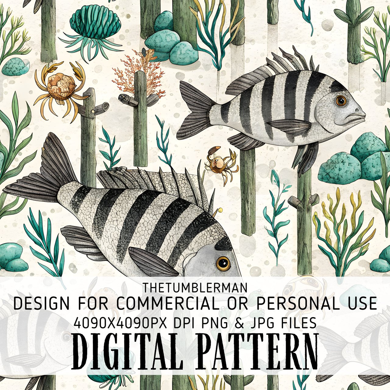 Digital Pattern, Fish Illustration, Sea Life Digital Bundle, Nautical Theme, Ocean Design, Crab Art, Digital Paper Pack, PNG JPG, Printable