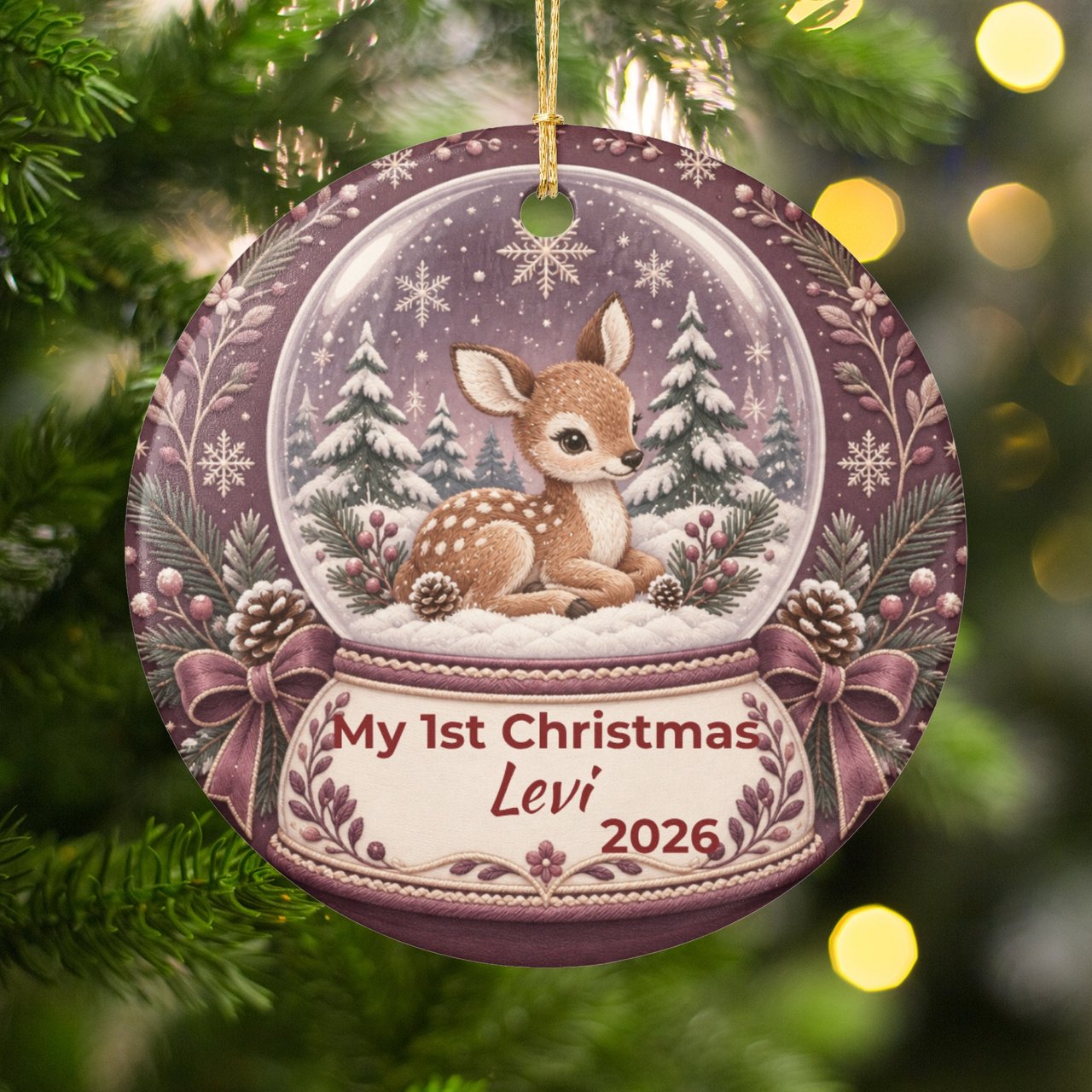 Baby First Christmas Ornament, Custom Woodland Deer Snowglobe Keepsake, Personalized Baby 1st Xmas Gift, Newborn Holiday Tree Ornament