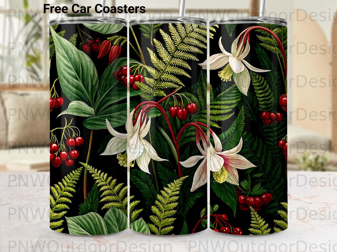 Botanical Tumbler Sublimation Design, Dark Floral 20oz Skinny Tumbler Wrap PNG, Vintage Fern & Berry Wildflower Seamless Digital