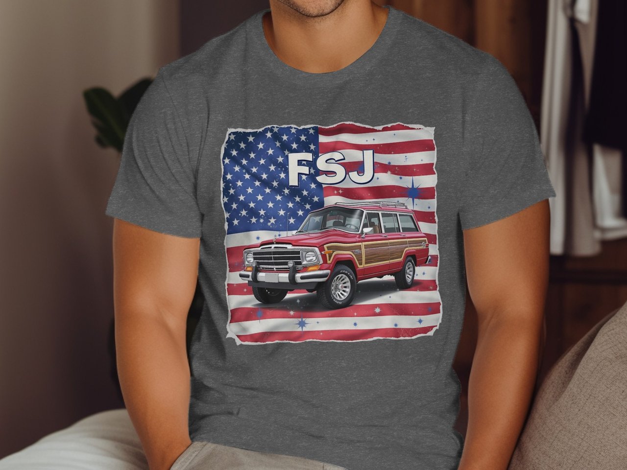 Grand Wagoneer T-Shirt, FSJ Car, American Flag Tee, Classic Car Shirt, Off Road Vehicle Apparel, Patriotic Graphic Design