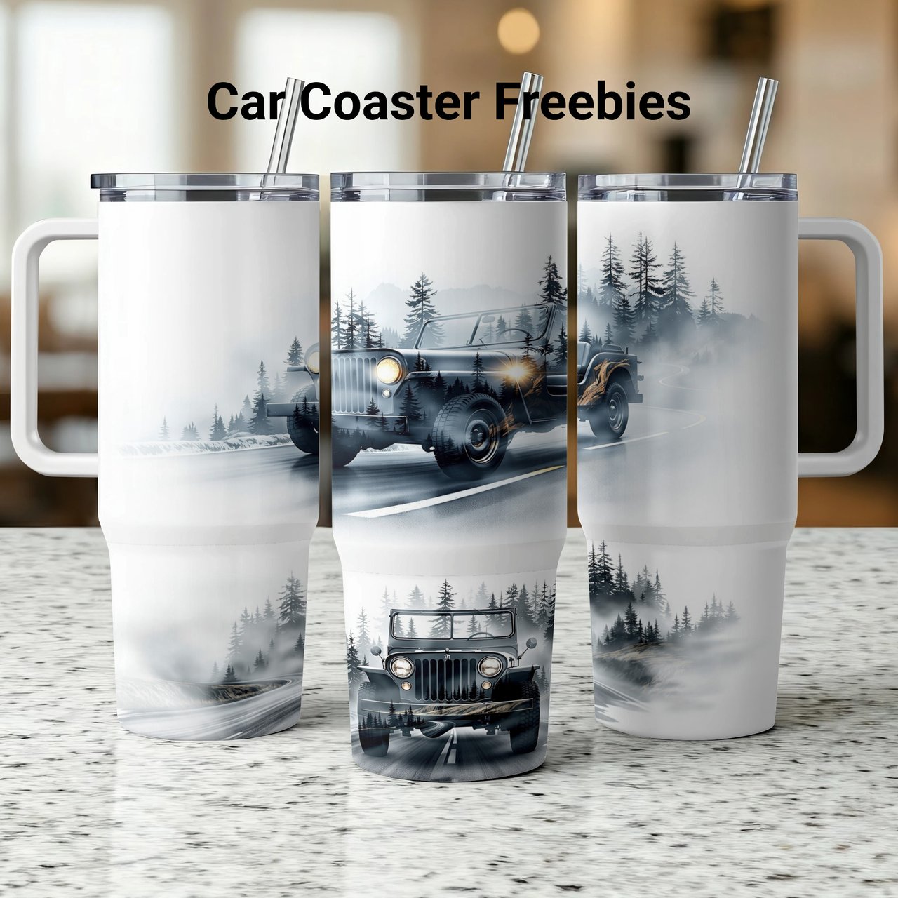 40oz Tumbler Wrap Vintage Jeep PNG, Misty Mountain Forest Adventure Digital Design, Rustic Car Graphic Sublimation Tumbler File
