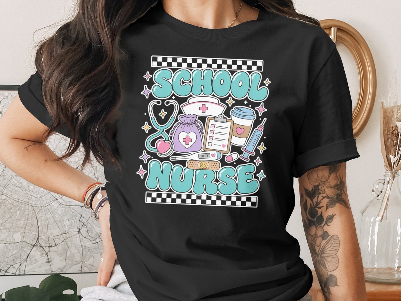 School Nurse T-Shirt: Retro Bubble Letters, Medical Stethoscope, Coffee Cup Design