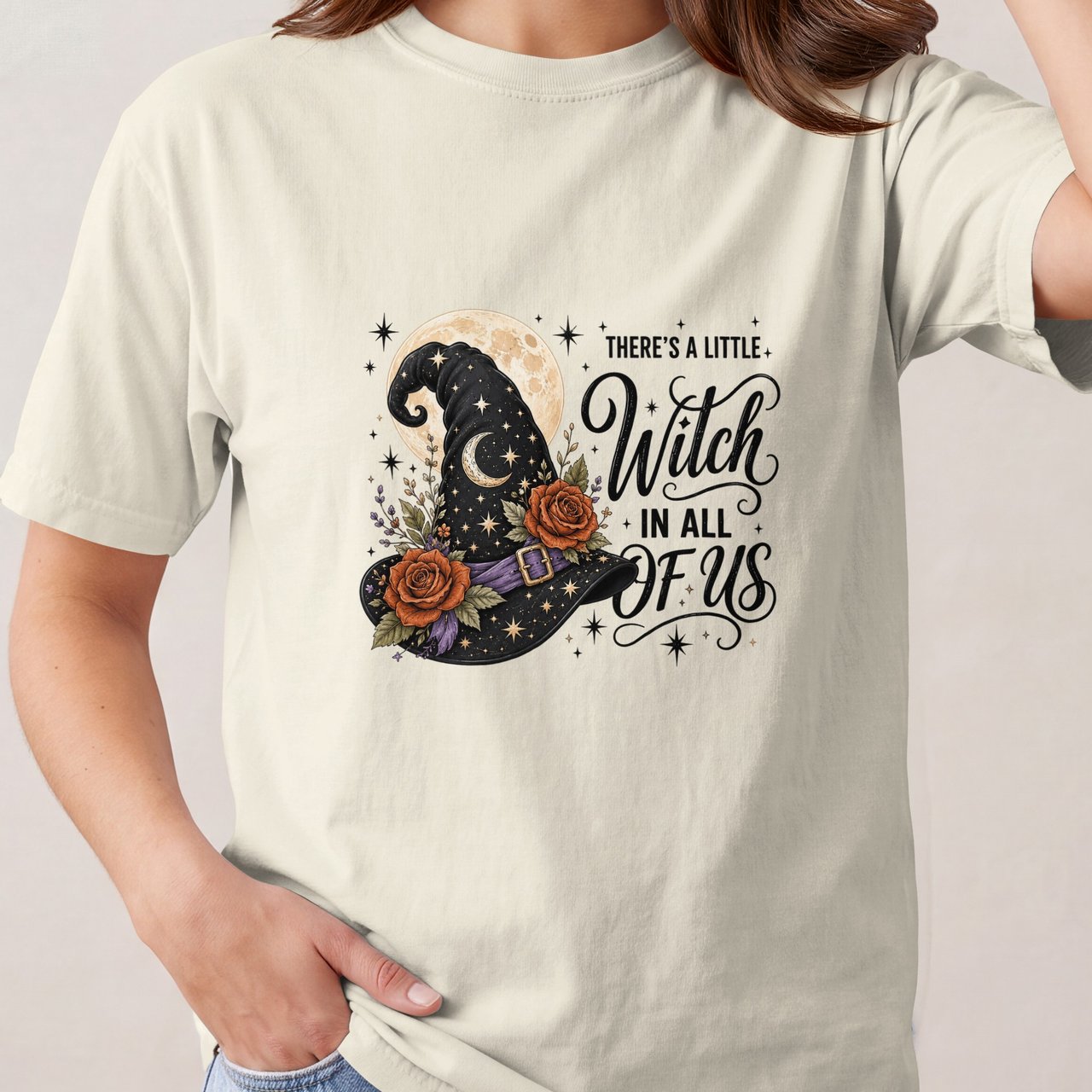 There's A Little Witch In All of Us Shirt, Celestial Witch Hat Floral Graphic Tee, Moon & Stars Halloween Sweatshirt Gift