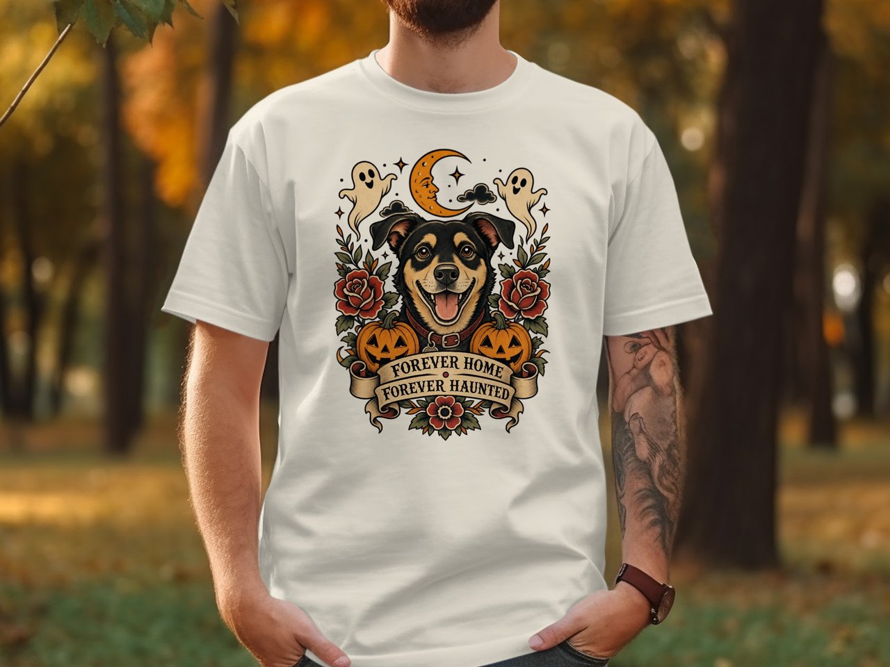 Halloween Dog Lover T-Shirt, Spooky Pet Forever Home Forever Haunted Tee, Neo Traditional Tattoo Style Shirt, Cute Ghost Jack O Lantern Dog