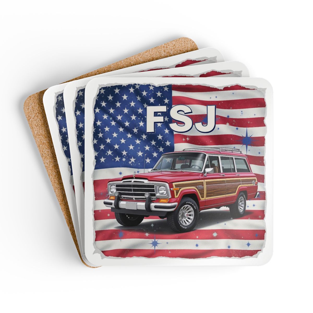 Grand Wagoneer Corkwood Coaster Set, American Flag Art, The Waggy Coasters, FSJ Car Gift, Car Lover Gift, Petralla Shop Cars Section