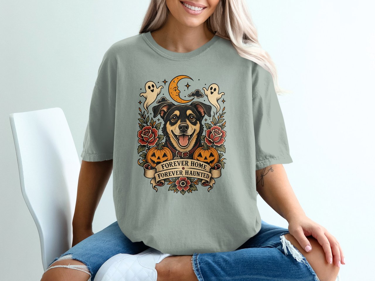 Halloween Dog T-Shirt, Forever Home Forever Haunted Spooky Cute Dog Lover Gift, Adopted Pet Rescue Tee, Traditional Tattoo Style Autumn Fall