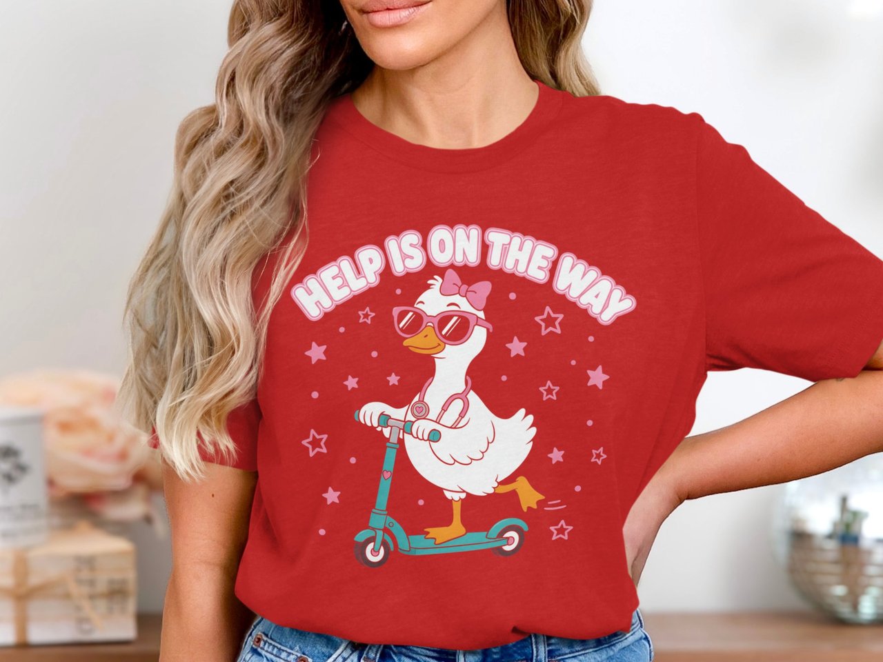 School Nurse T-Shirt: Goose Scooter Design, Stethoscope Stars, Help is on the Way
