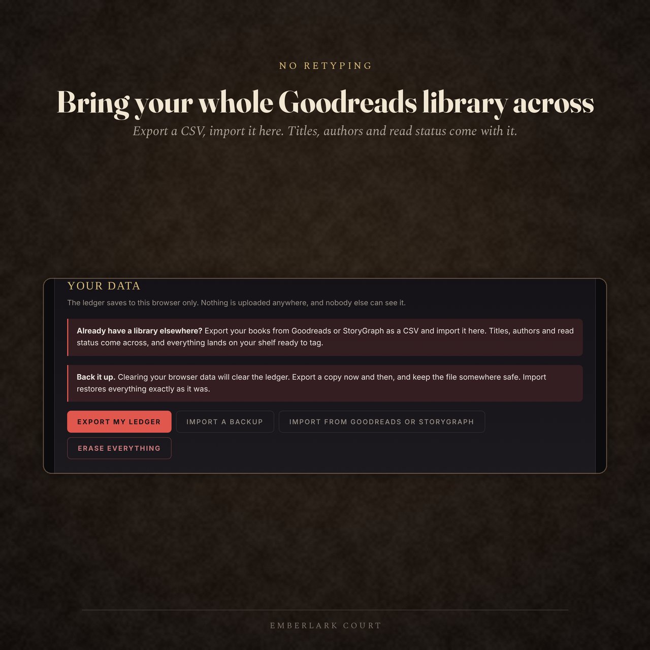The Emberlark Ledger — Interactive Romantasy Book Tracker & Reading Journal | Import from Goodreads, Works Offline, No Subscription