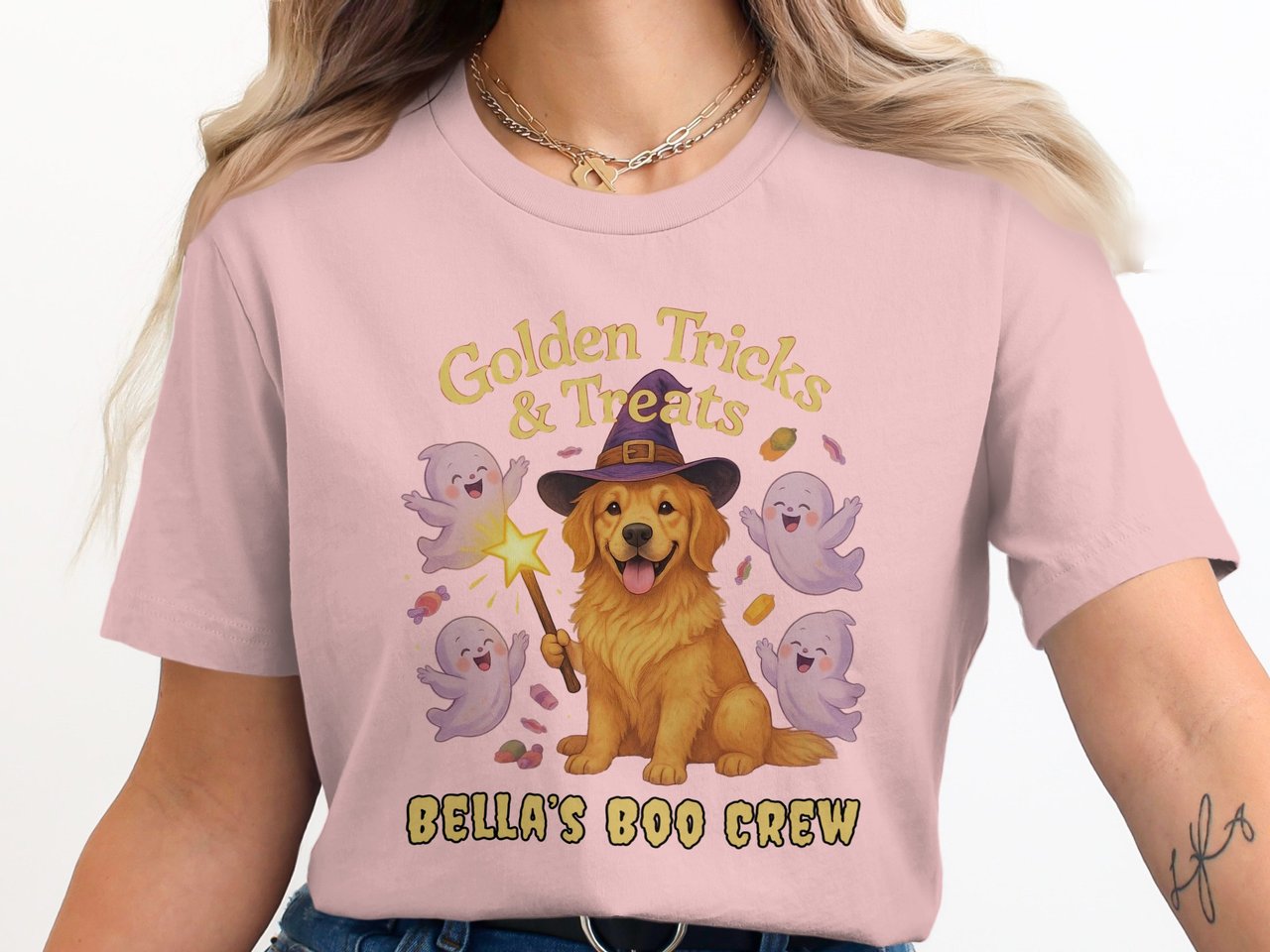 Golden Retriever Wizard Halloween Sweatshirt, Cute Ghost Dog Fall Apparel, adult and kid size t-shirts