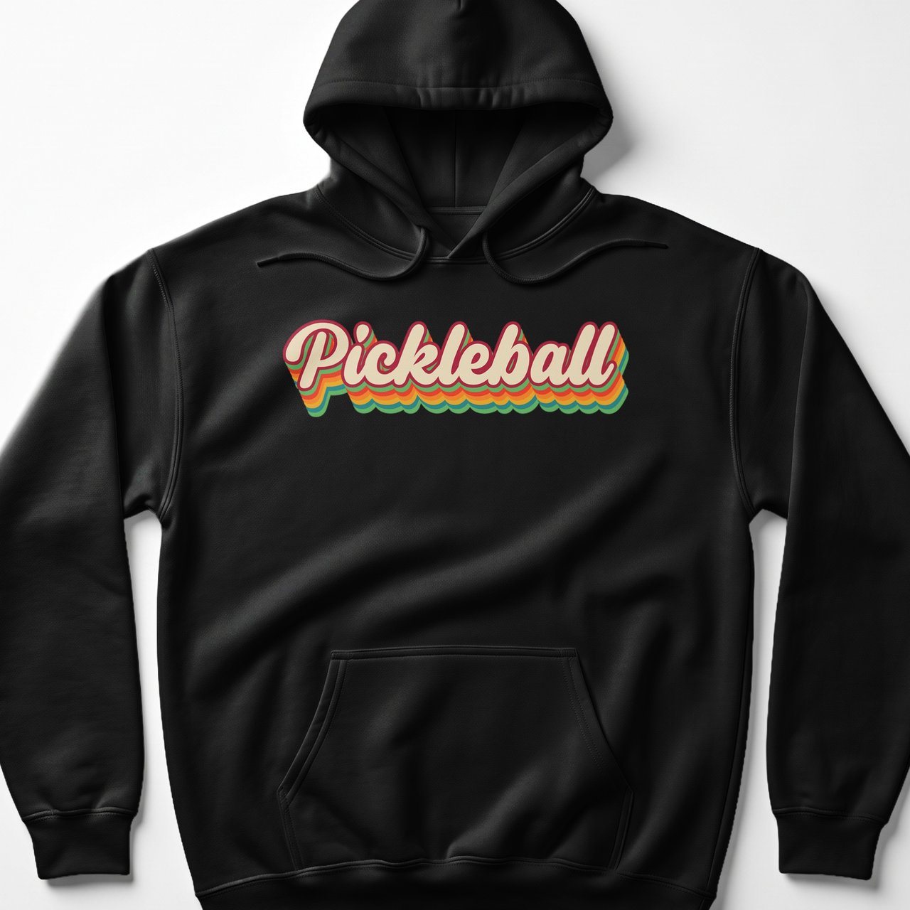 Pickleball Gildan Fleece Hoodie, Pickleball Vintage 70s Rainbow Layered Script, Warm Court Pullover