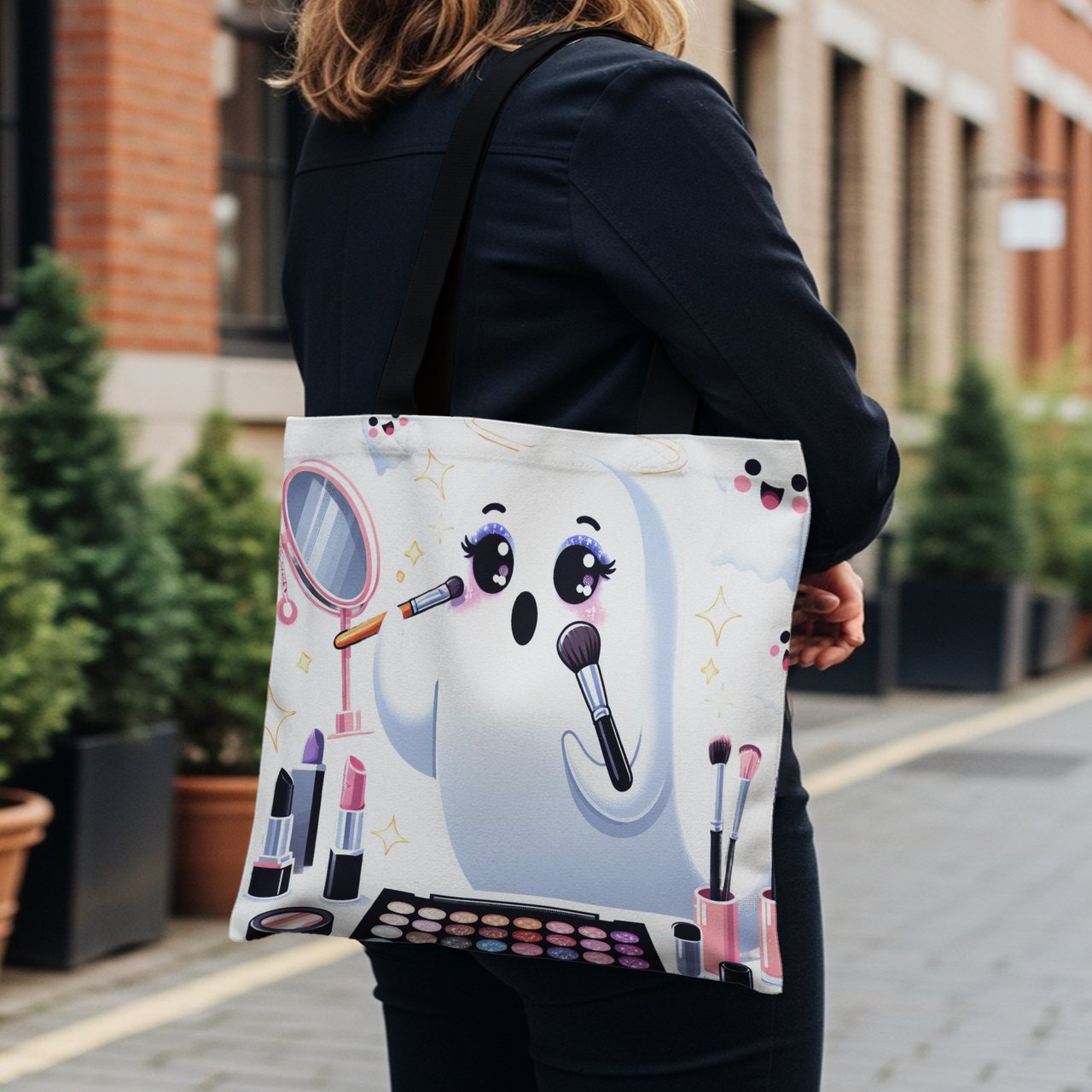 Halloween Tote Bag, Ghost Tote Bag, Cute Spooky Season, Makeup Ghost Design, Halloween Party Favor, Trick or Treat Bag, Gift for Halloween