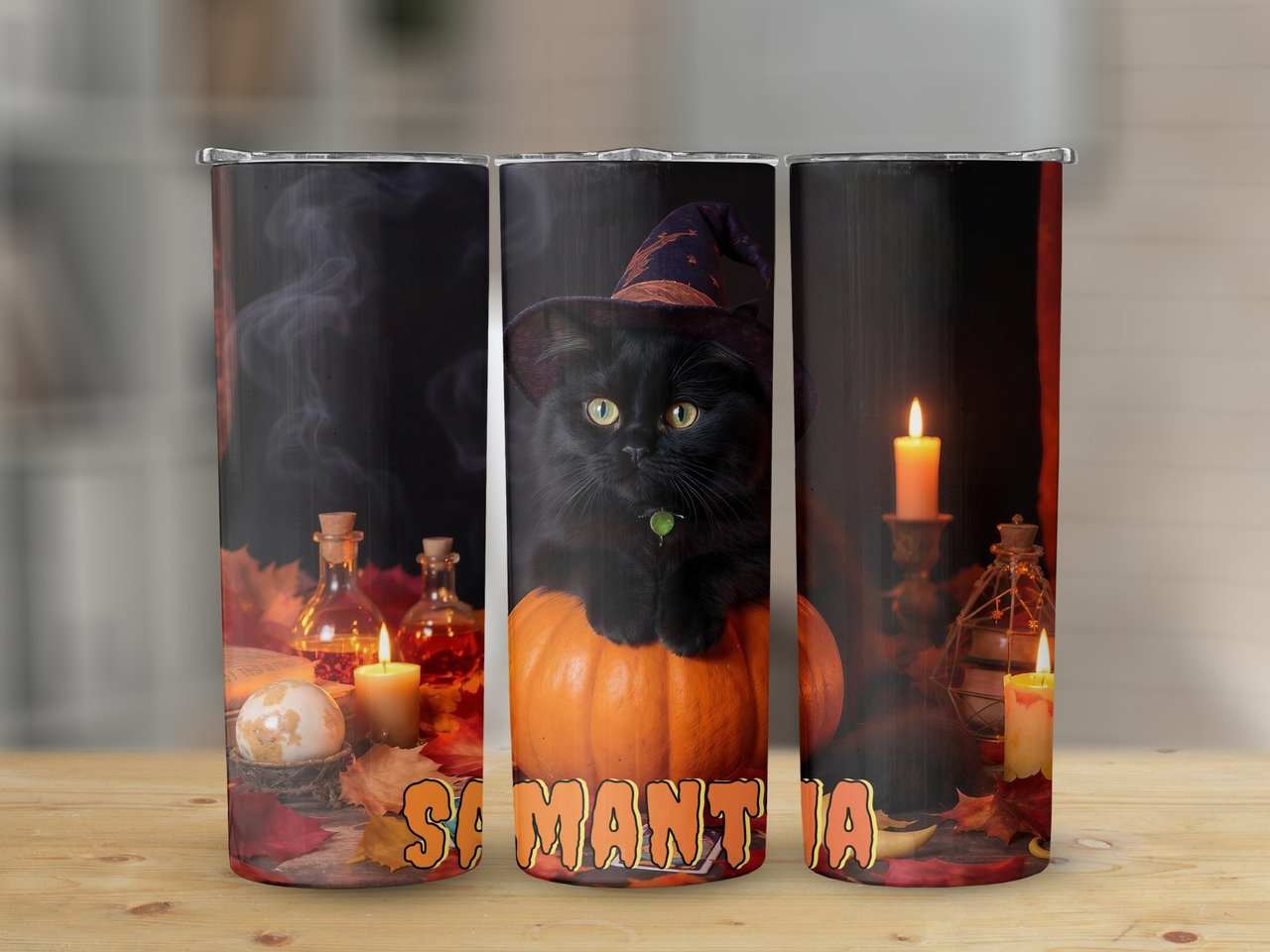 Personalized Halloween Tumbler, Black Cat Tumbler, Witch Cat Tumbler, Halloween Decor, Spooky Tumbler, Custom Name Tumbler