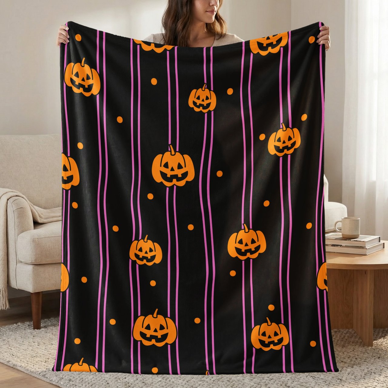 Halloween Jack O'Lantern Woven Blanket, Spooky Cute Pink Stripe Velveteen Blanket, Y2K Aesthetic Throw Pillow Decor Gift