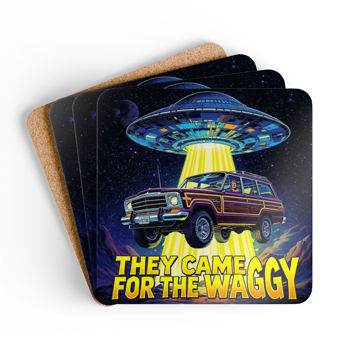 Grand Wagoneer Corkwood Coaster Set, The Waggy, Funny Car Coasters, Flying Saucer, Alien Abduction, Gift for Car Lovers, Car Guy Gift
