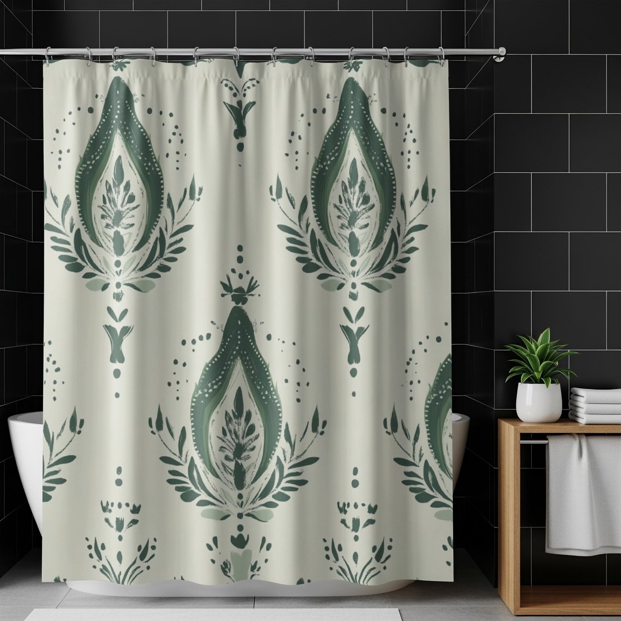 Sage Green Damask Shower Curtain, Bath Mat Set, Boho Floral Bathroom Decor, Vintage Botanical Cottagecore Housewarming Gift for New Home