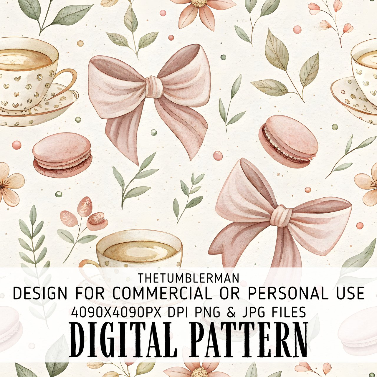 Digital Pattern Bundle, Watercolor Bows, Coffee Cups, Macarons, Floral Design, Digital Paper Pack, Scrapbooking, Commercial Use Digital