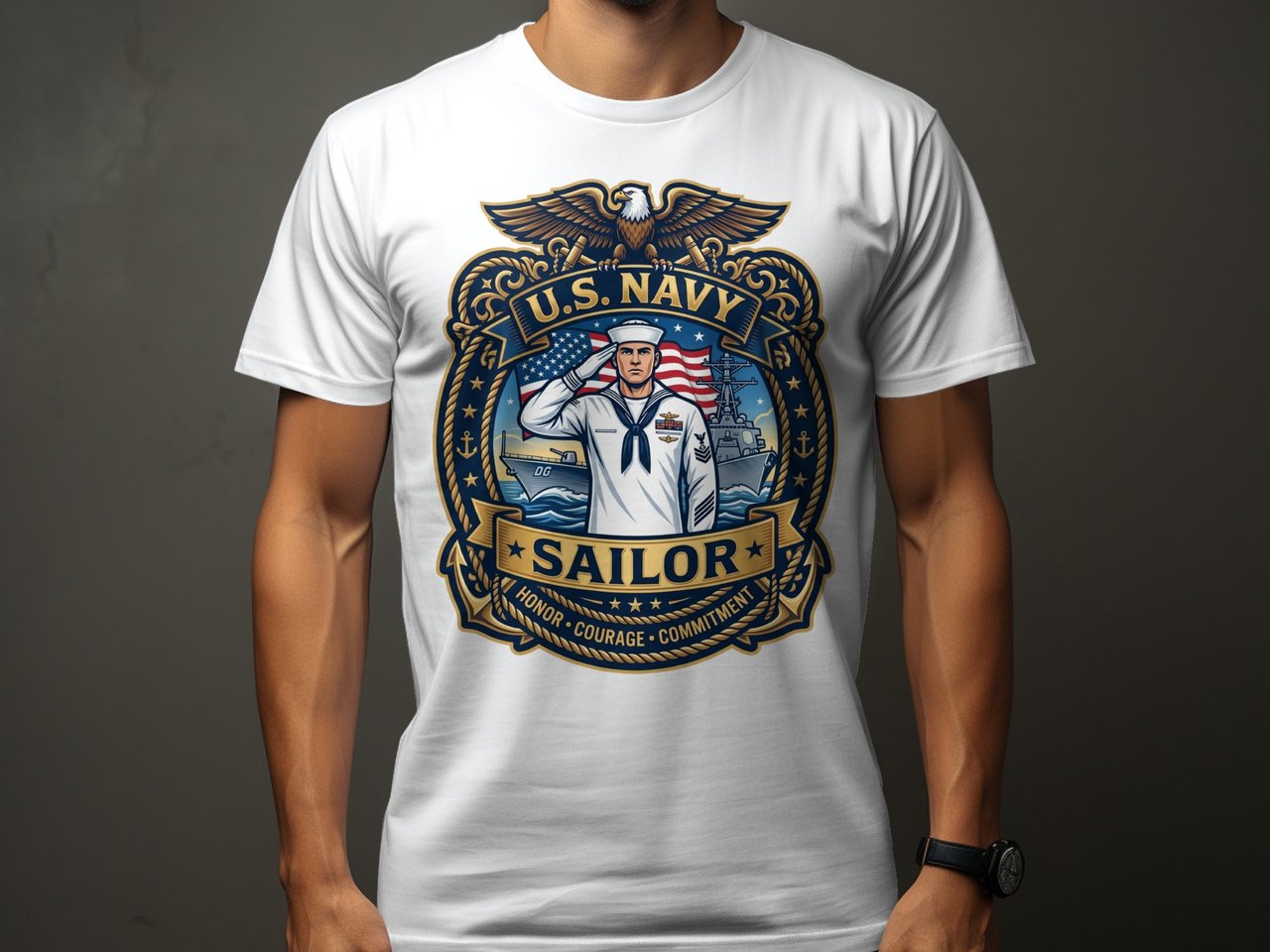 U.S. Navy Sailor T-Shirt, Patriotic American Military Veteran Gift, Honor Courage Commitment Naval Force Tee, Proud Service Member Apparel