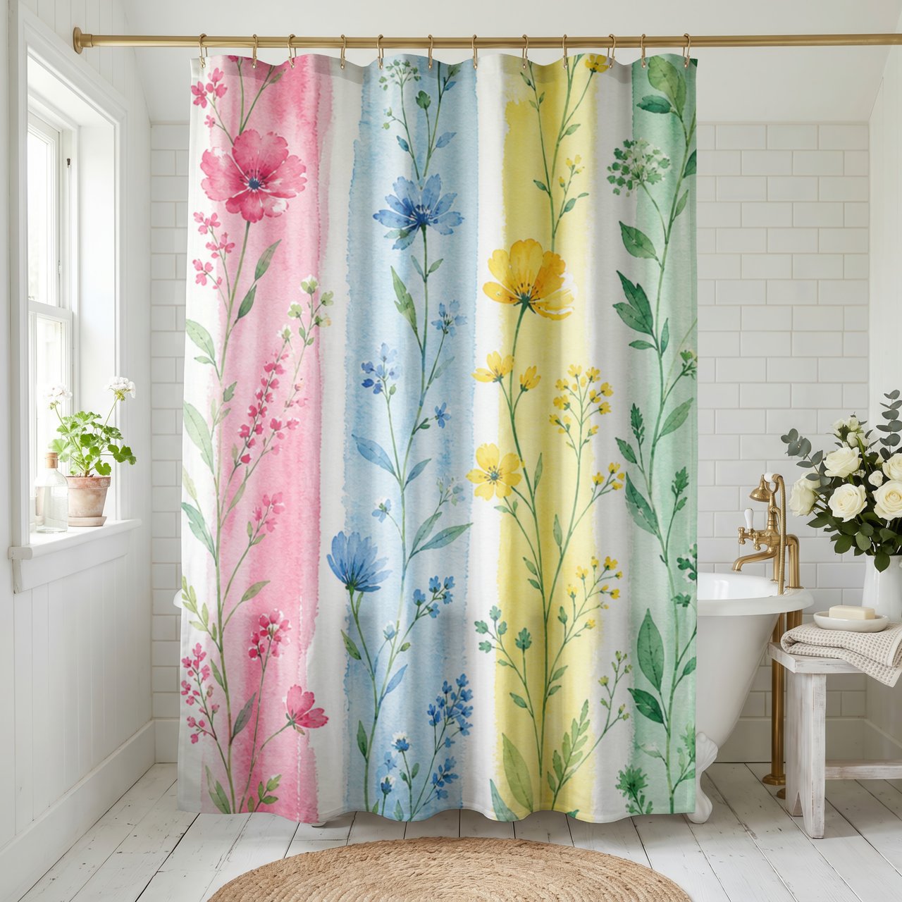 Watercolor Bloom Stripe Shower Curtain