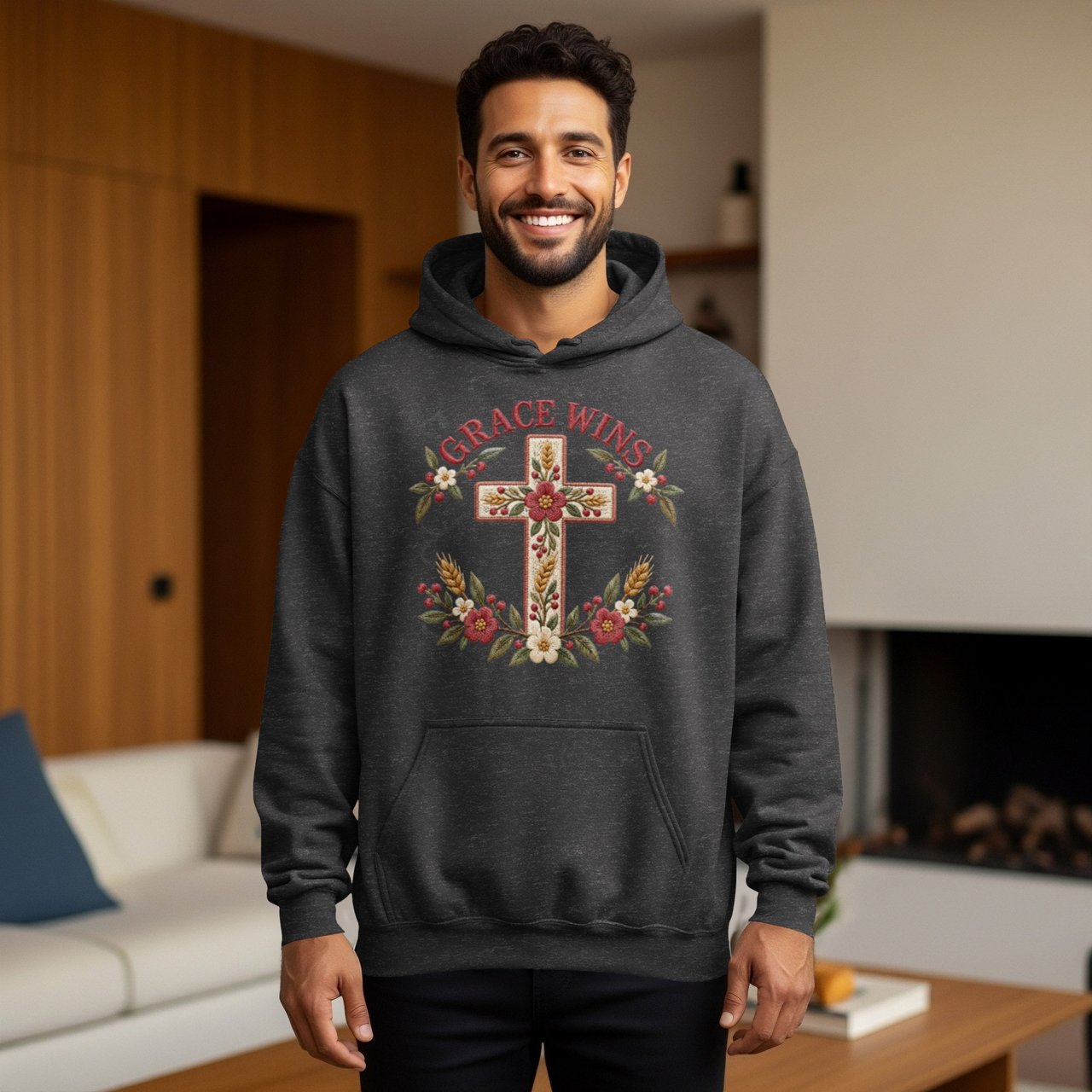 Grace Wins Floral Cross Sweatshirt, Christian Hoodie, Faux Embroidered Faith Aesthetic Sweater, Religious Cottagecore Botanical Tote Bag
