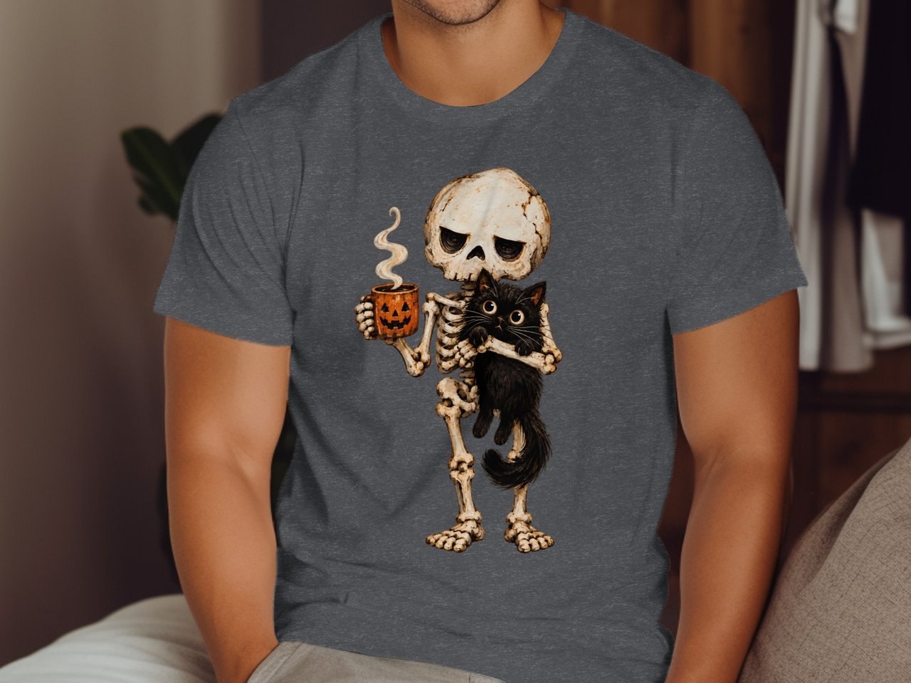 Skeleton Cat and Coffee Tee or Sweatshirt