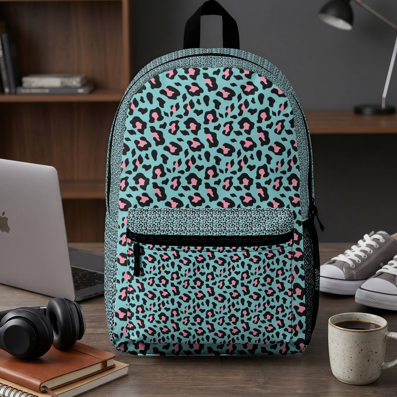 Vibrant Teal Pink Leopard Print Backpack, Aesthetic Animal Pattern School Bag, Custom Spiral Notebook Set