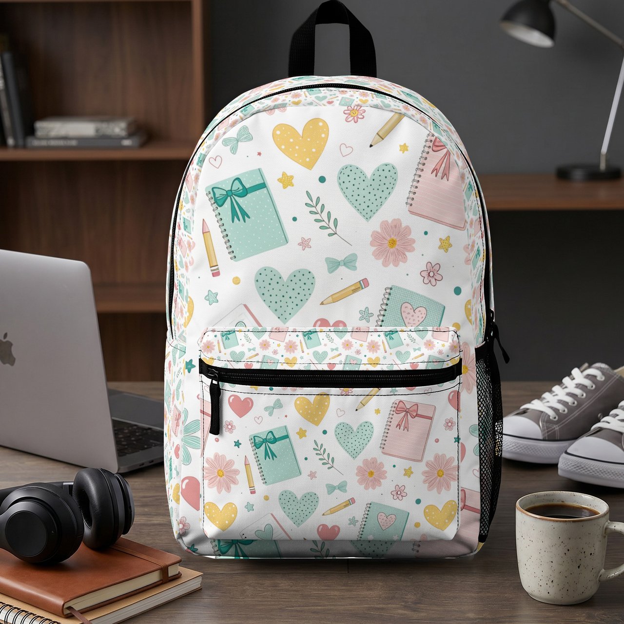 Whimsical Stationery Pattern Backpack, Spiral Notebook, Pouch - Cute Pastel Hearts & Flowers Student Gift Idea