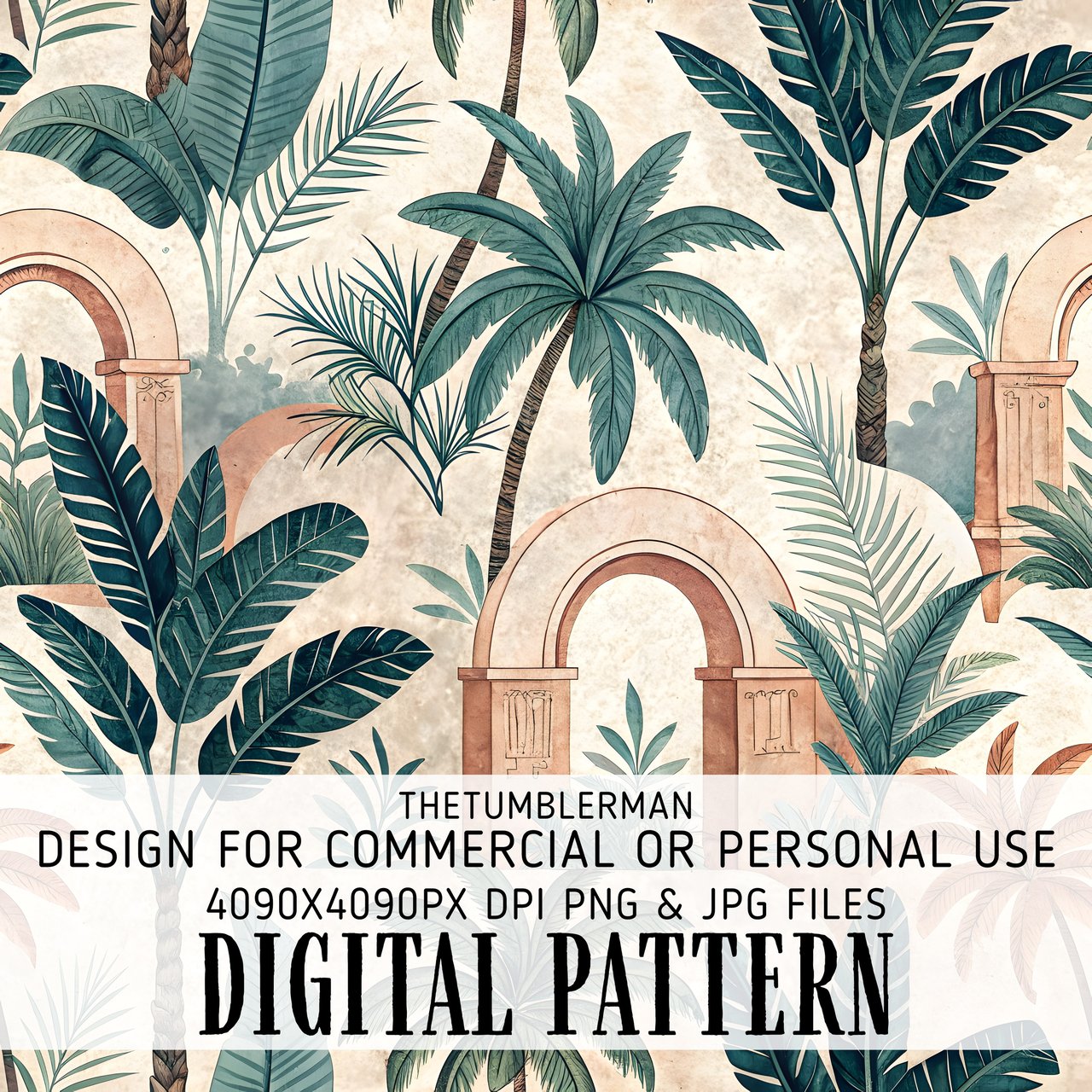 Tropical Palm Tree Digital Pattern, Digital Bundle, Boho Leaves Seamless, Vintage Wall Art Printable, Exotic Jungle Plant Clipart, Digital