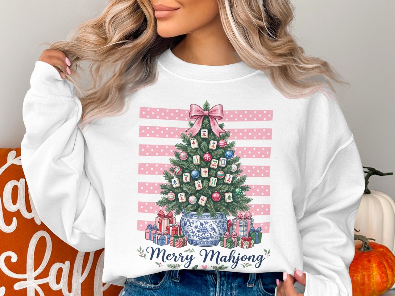 Merry Mahjong Christmas Tree Print, Chinoiserie Preppy Holiday Decor, Pink Bow Game Night Art, Grandmillennial Winter Gift For Mahjong Lover