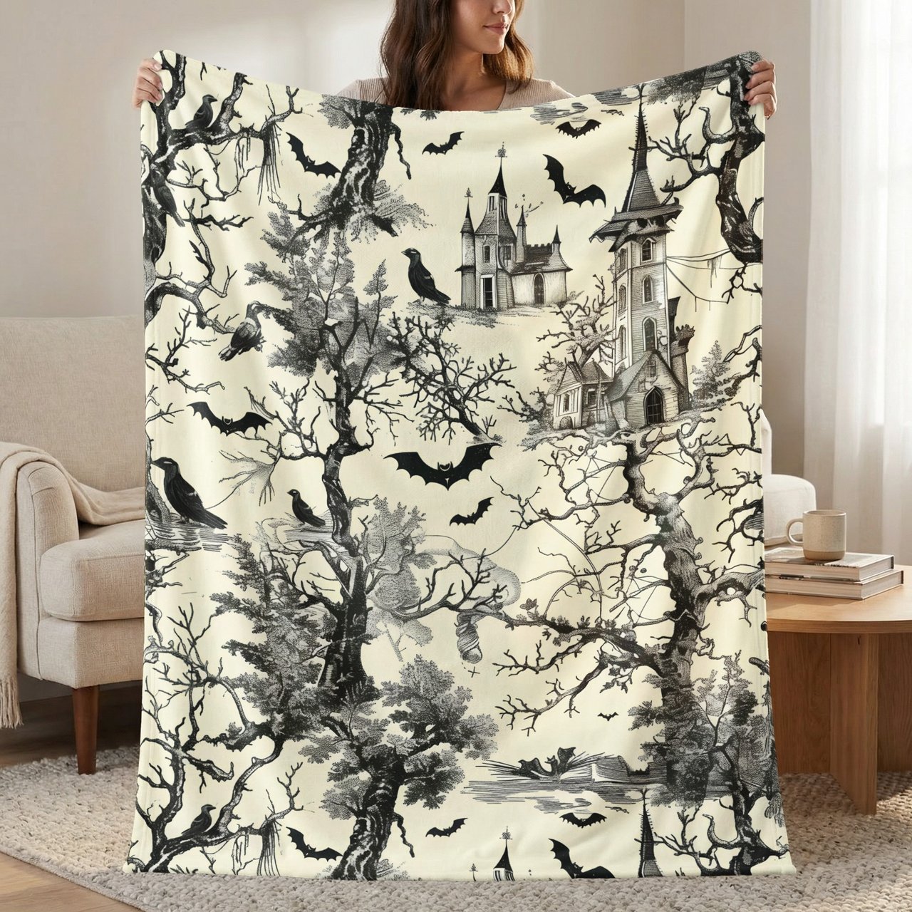 Gothic Toile Woven Blanket Vintage Spooky Throw Pillow Dark Academia Haunted Castle Tapestry Blanket Victorian Halloween Decor Gift