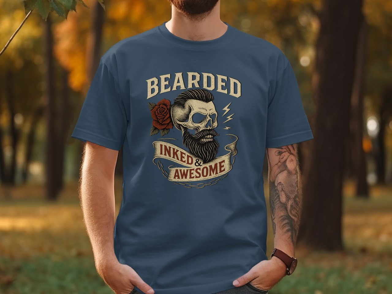 Bearded Inked Awesome T-Shirt, Tattoo Day Tee, Skull Rose, Beard Lover, Funny Graphic Shirt, Men's Women's Unisex