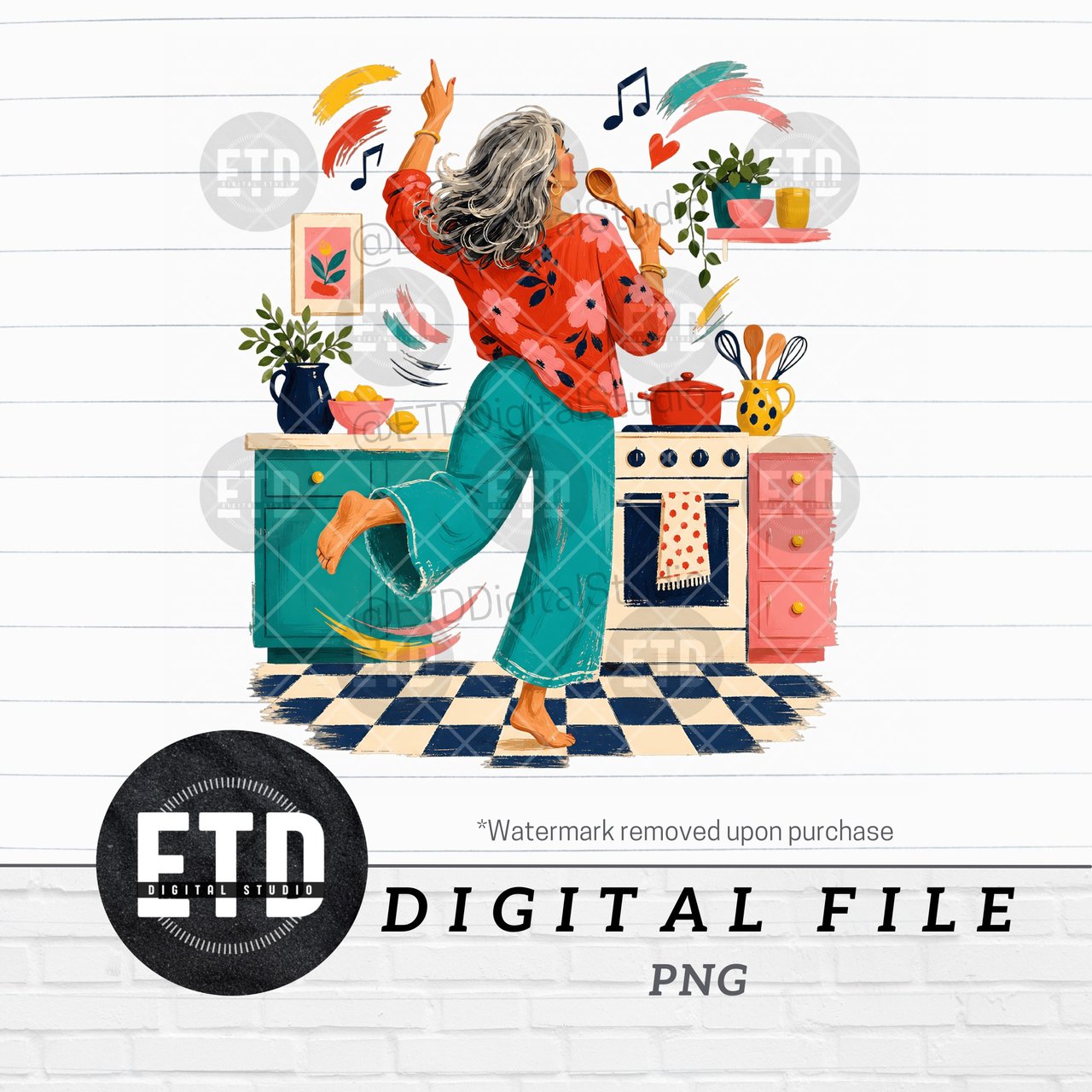 Dancing Grandma Kitchen Sublimation PNG Digital File for T-Shirts Mugs | Whimsical Happy Homemaker Singing Art Gift