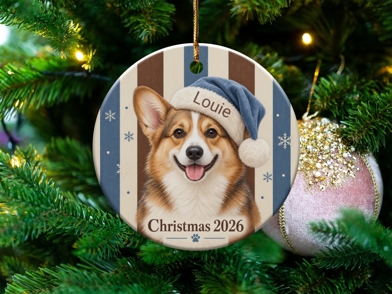 Corgi Christmas Ornament 2026, Cute Dog Holiday Tree Decor, Blue Santa Hat Corgi Mom Gift, Custom Pet Keepsake for Dog Lovers