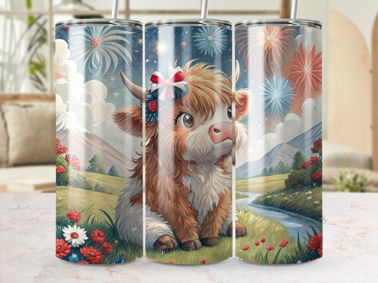 Patriotic Highland Cow 20oz Seamless Tumbler Wrap, Fourth of July Tumbler, Cute Cow Tumbler, Fireworks Tumbler, USA Tumbler