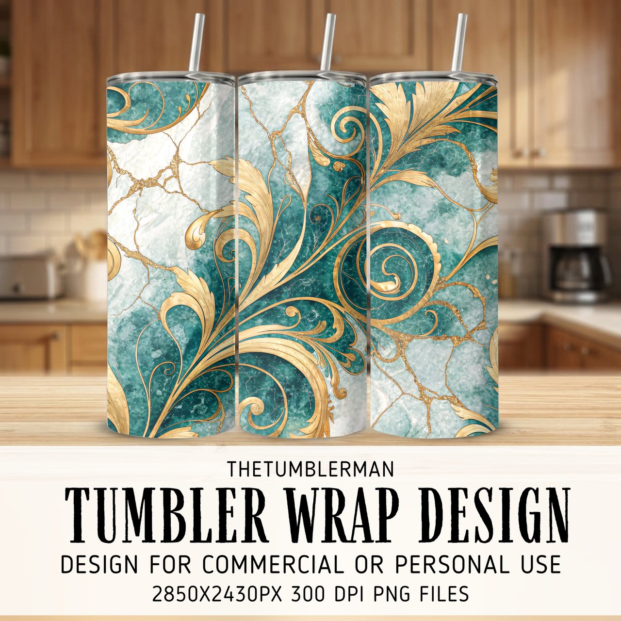 20 oz Tumbler Wrap, Teal Marble, Gold Filigree, Skinny Tumbler Design, Sublimation, Straight Tapered Wrap png, Digital Download