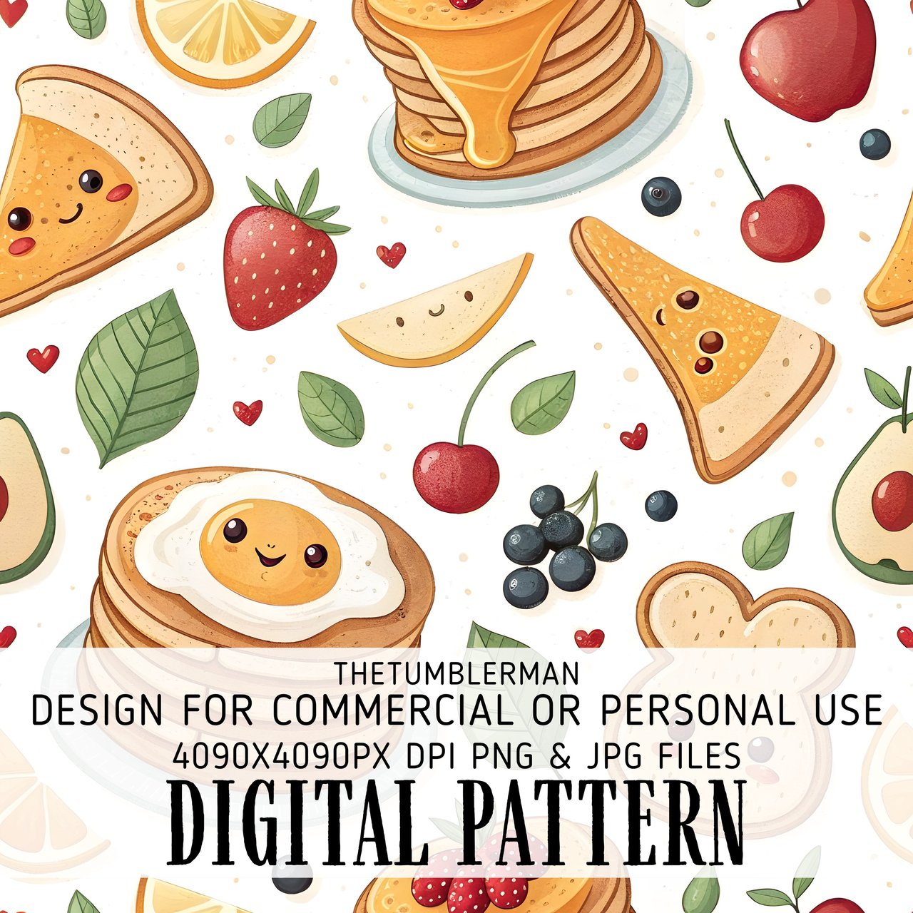 Digital Pattern, Breakfast Food Art, Digital Bundle, Pancakes, Toast, Fruits, Seamless Repeat Pattern, Food Illustration, Cute Food Design
