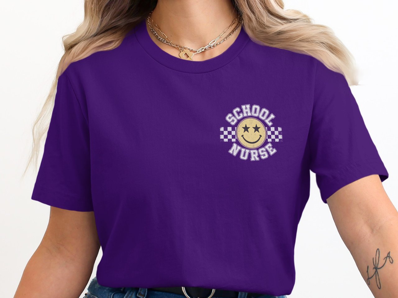 Retro School Nurse T-Shirt: Smiling Face, Star Eyes, Checkered