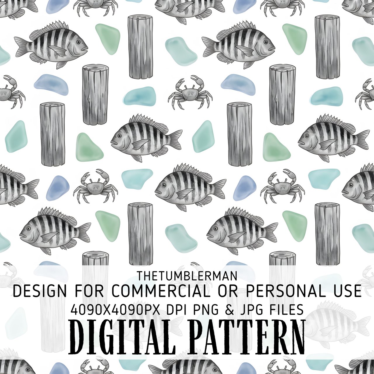 Digital Pattern, Fish, Crab, Driftwood, Sea Glass, Digital Paper, Repeat Pattern, Seamless Pattern, Fabric Design, Digital Bundle