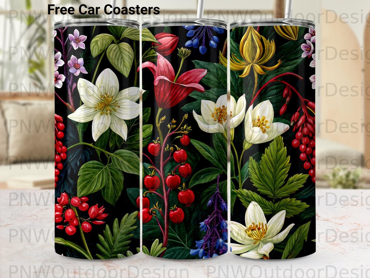 Dark Botanical Tumbler Wrap PNG 20oz Skinny Sublimation, Moody Floral Seamless Design Digital Download