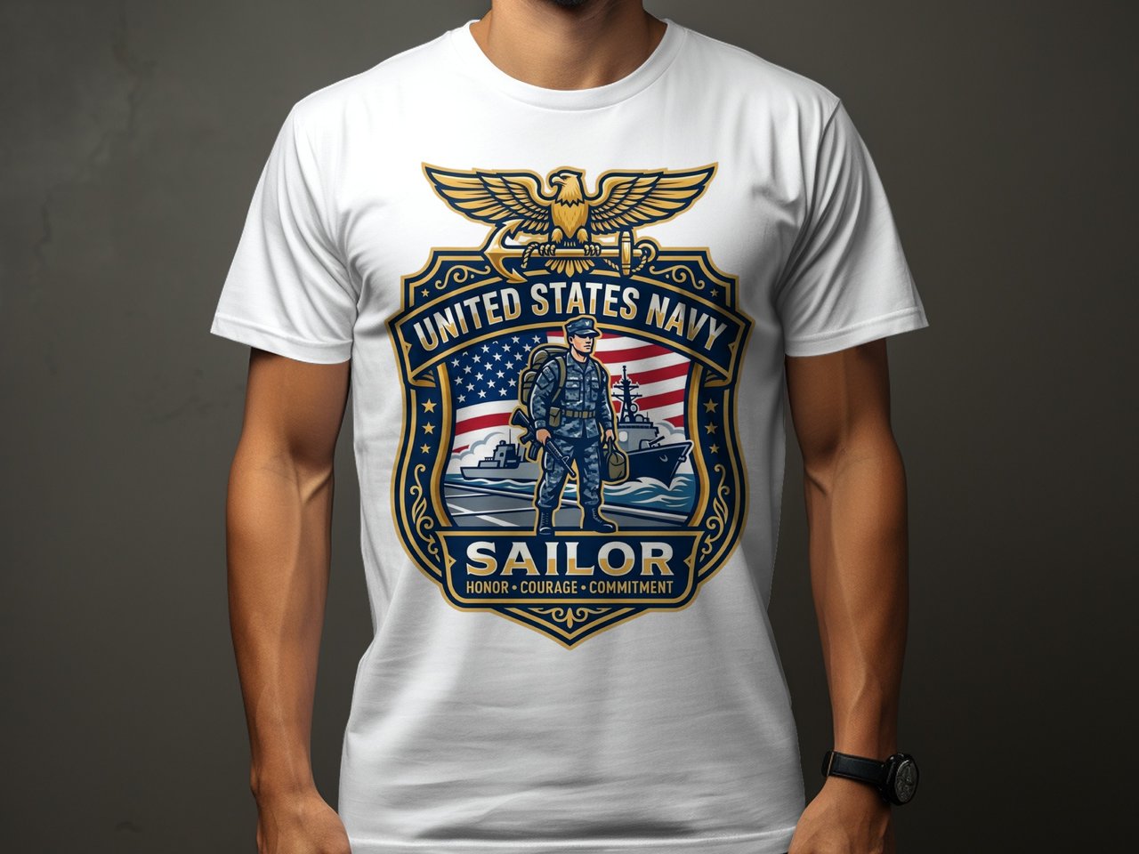 US Navy Sailor Patriotic Emblem T-Shirt | Honor Courage Commitment Tee | Military Gift for Veterans & Family | Americana Graphic Top