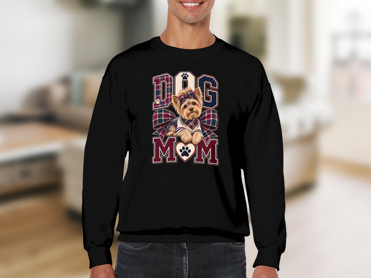 Yorkie Dog Mom Sweatshirt, Cute Yorkshire Terrier Crewneck, Preppy Plaid Dog Lover Shirt, Coquette Puppy Mom Sweater, Gift for Dog Owner