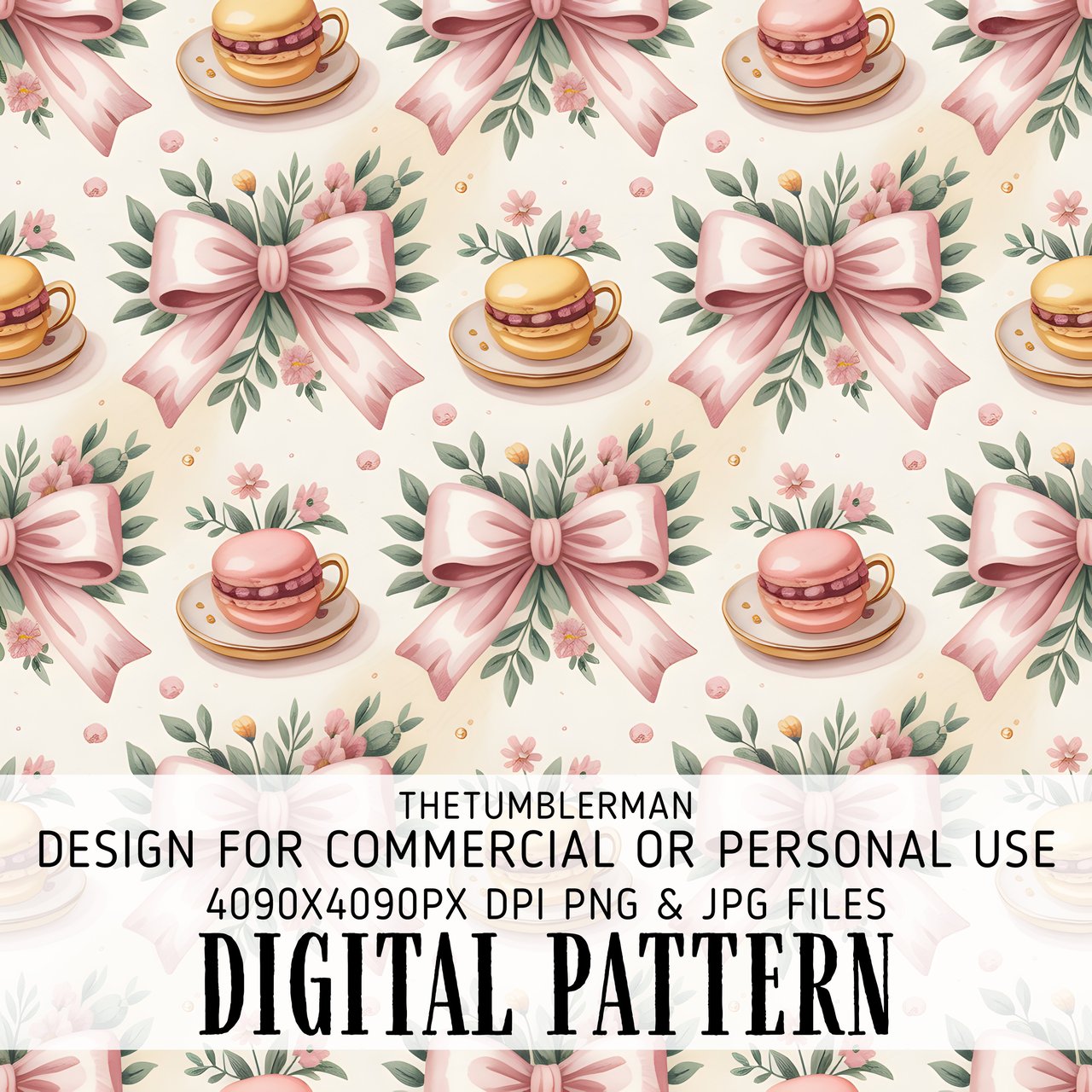 Digital Macaron Pattern, Pink Bows Clipart, Watercolor Food Digital, Seamless Pattern, Planner Clipart, Digital Bundle Pattern, Commercial