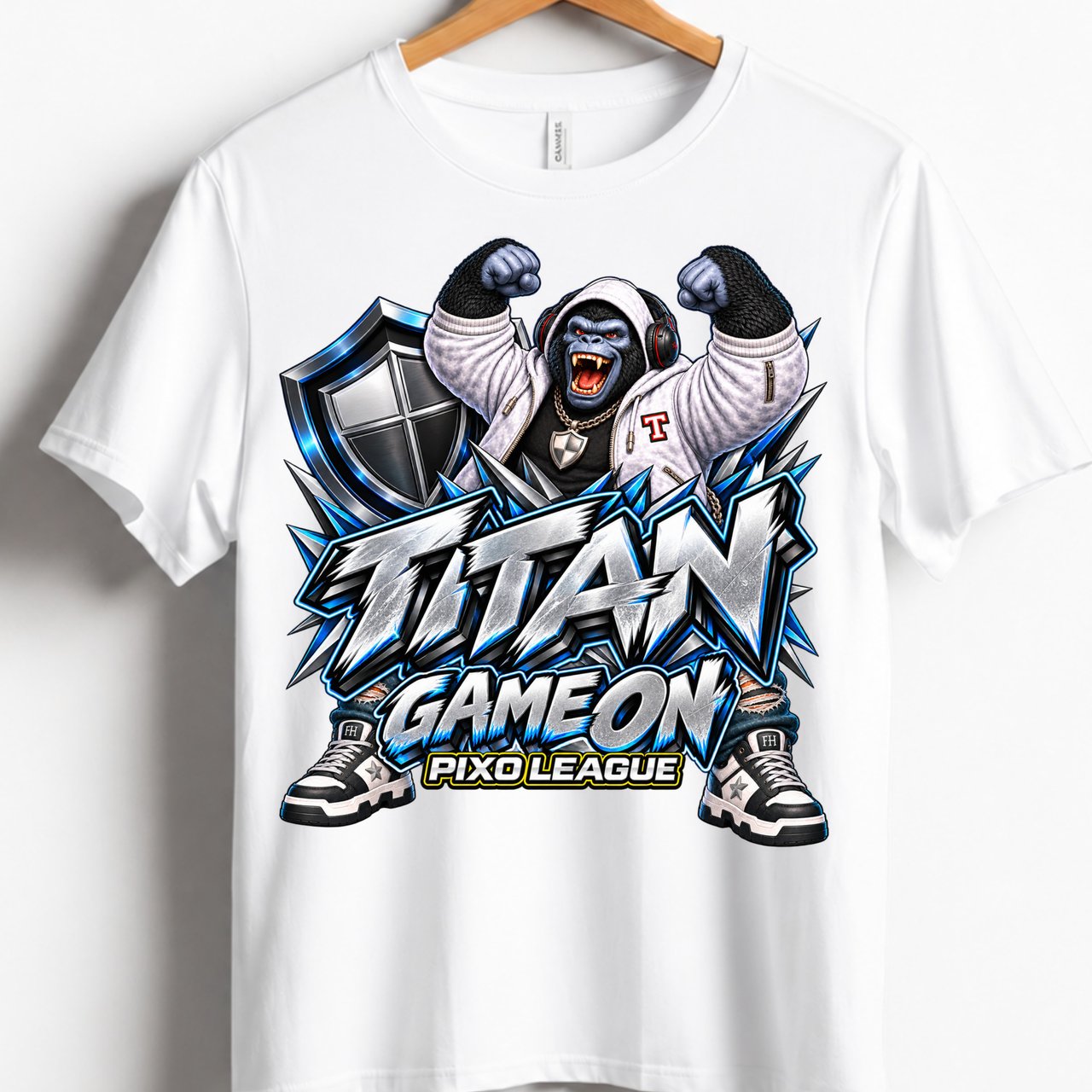 Gorilla Gaming T-Shirt for Kids, Titan Game On Youth Gamer Tee, Blue Silver Gorilla Graphic Shirt, Pixo League