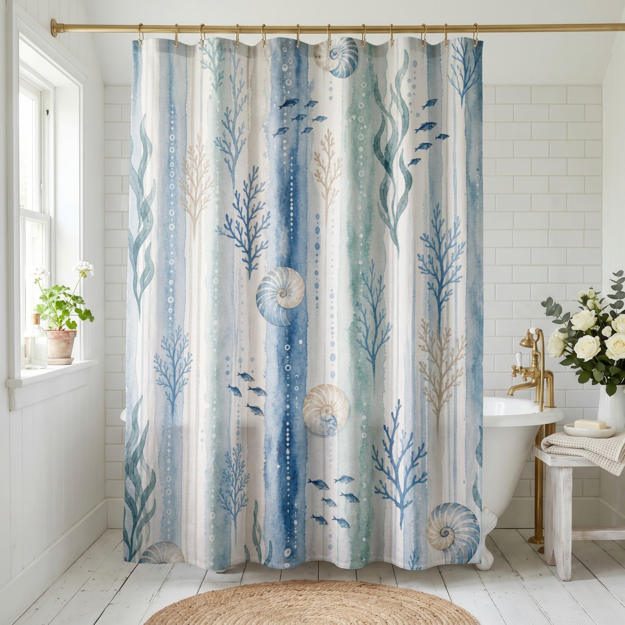 Coastal Serenity Watercolor Shower Curtain
