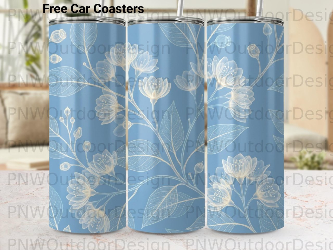 20oz Tumbler Sublimation Design PNG, Blue Floral Seamless Digital Tumbler Wrap, Skinny Floral Botanical Flower Instant Download