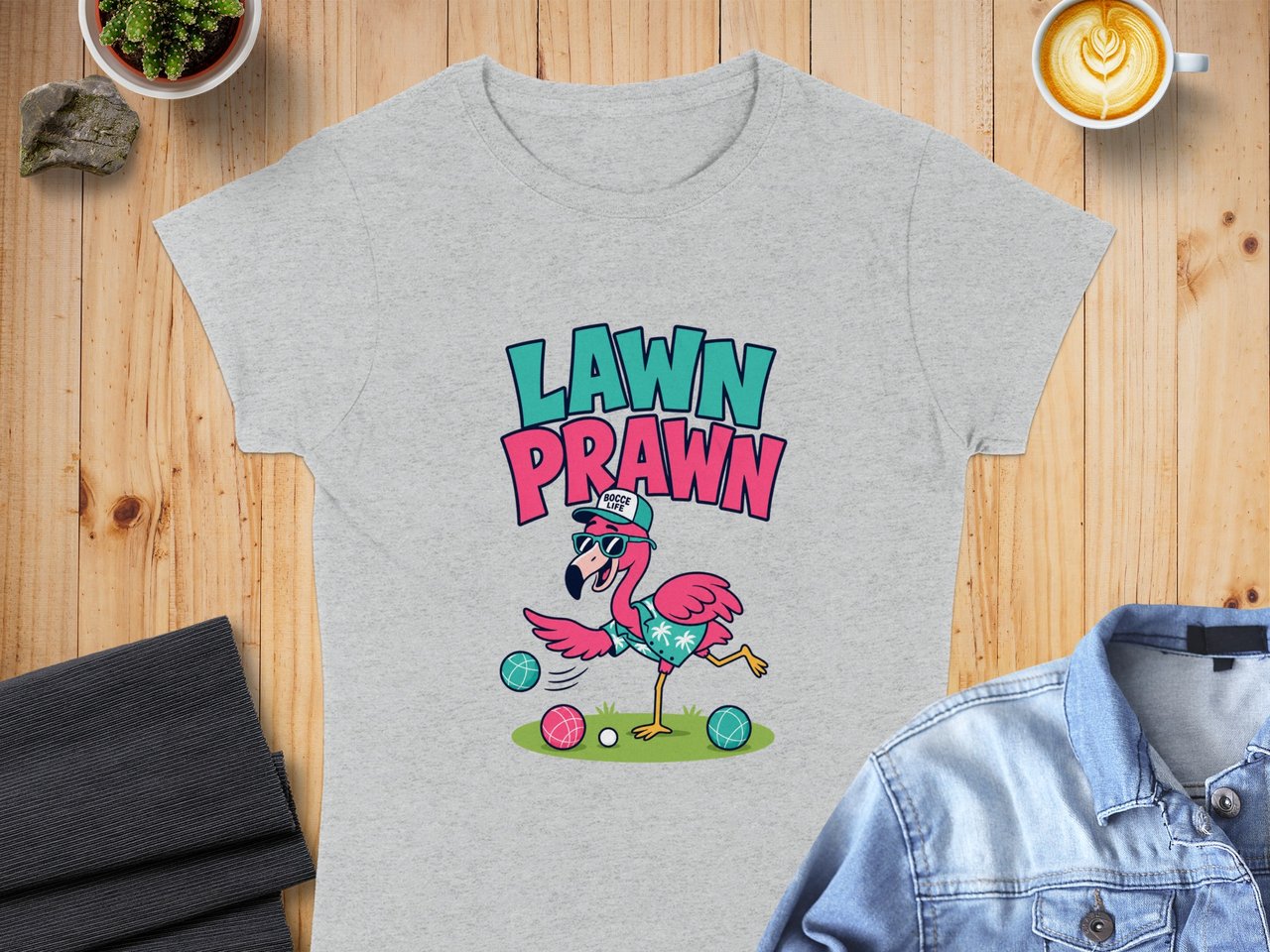 Lawn Prawn Bocce Ball T-Shirt | Funny Flamingo Summer Vacation Tee | Humorous Lawn Game Beach Party Shirt Gift